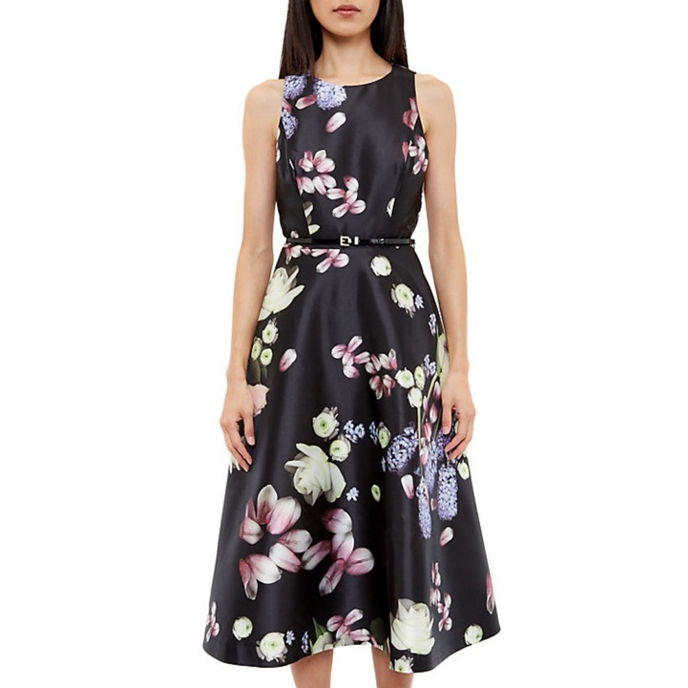 Black floral Ted Baker Midi Dress w/ Pockets